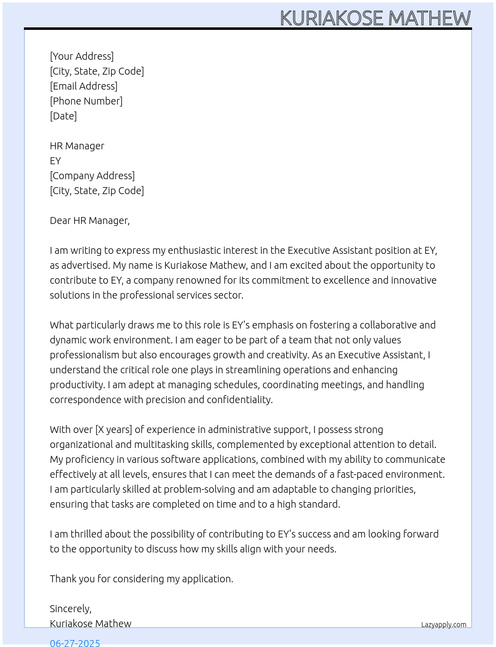 executive assistant At ey Cover Letter