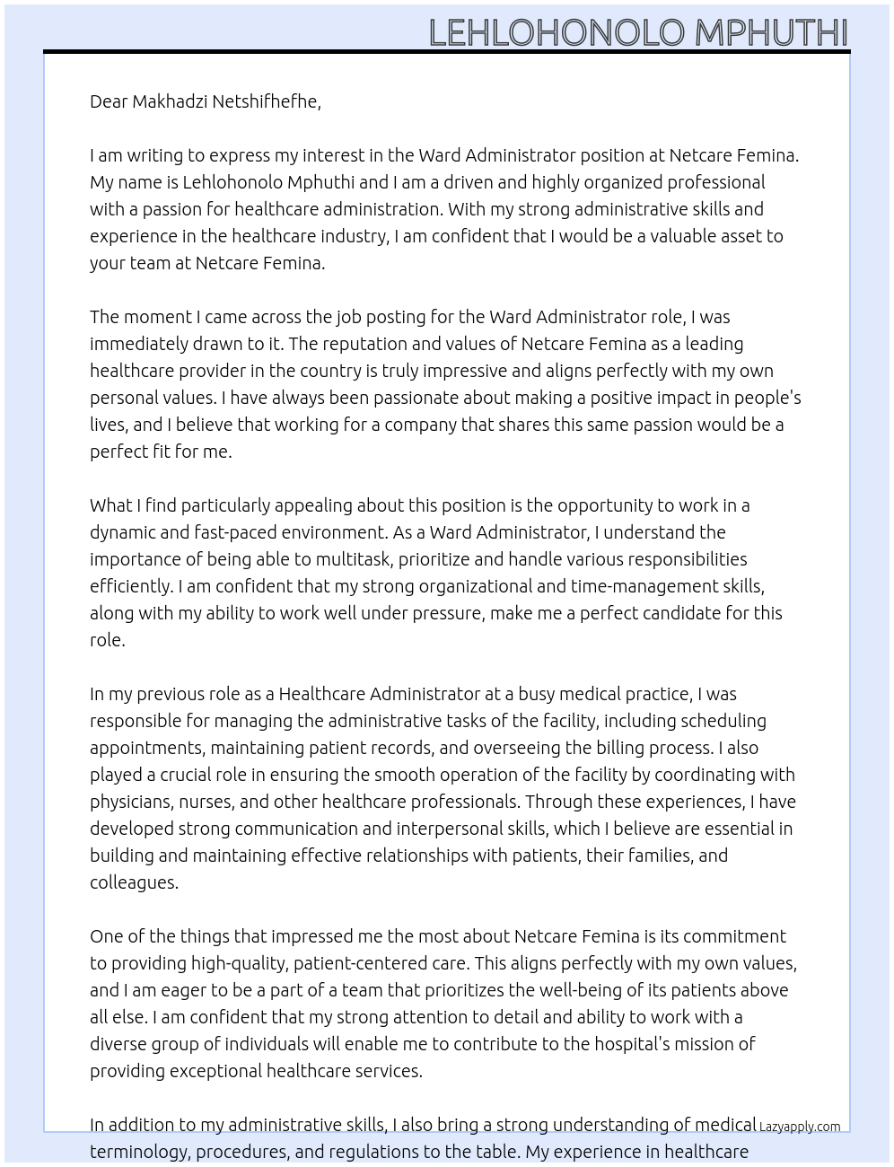 Ward Administrator At Netcare Femina Cover Letter