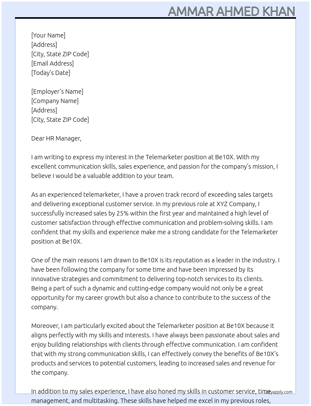 Telemarketer At Be10X Cover Letter