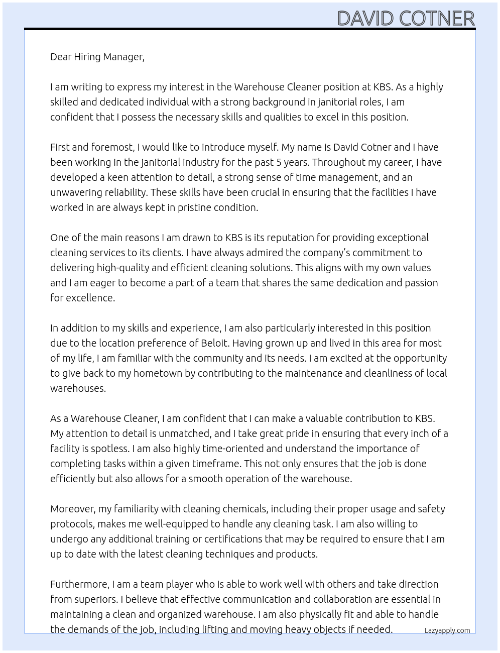 Warehouse Cleaner At KBS Cover Letter