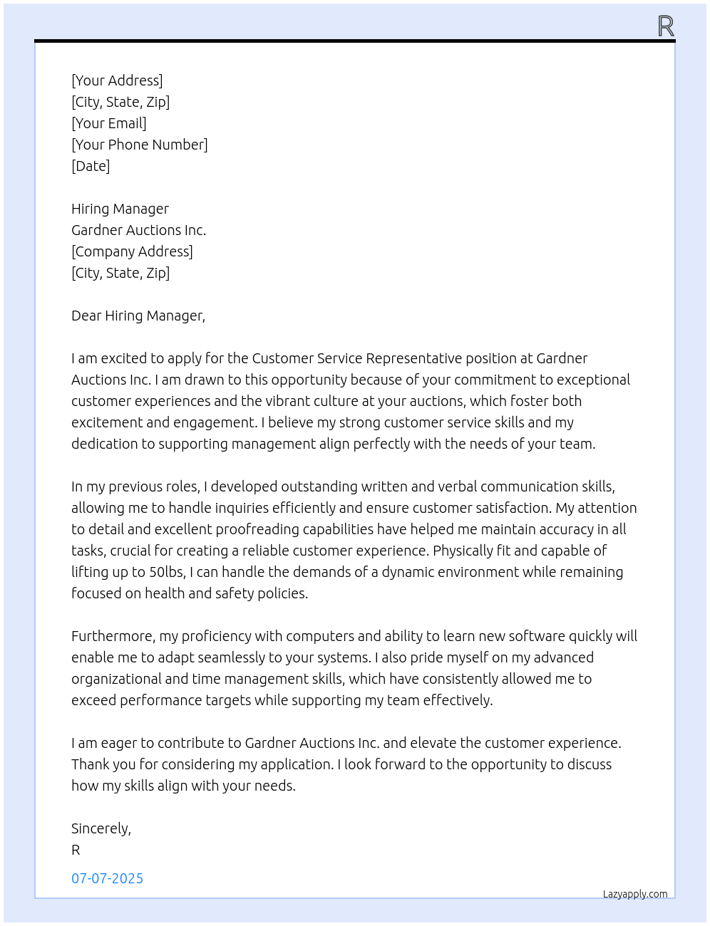 Customer Service Representative At Gardner Auctions Inc. Cover Letter