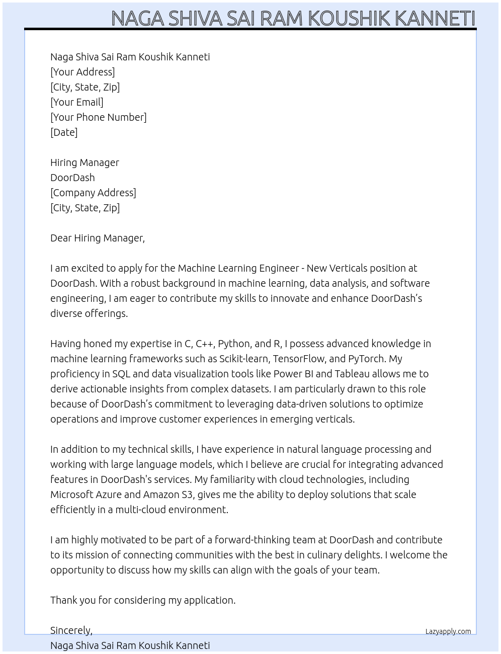 Cover letter for machine learning engineer - new verticals - LazyApply