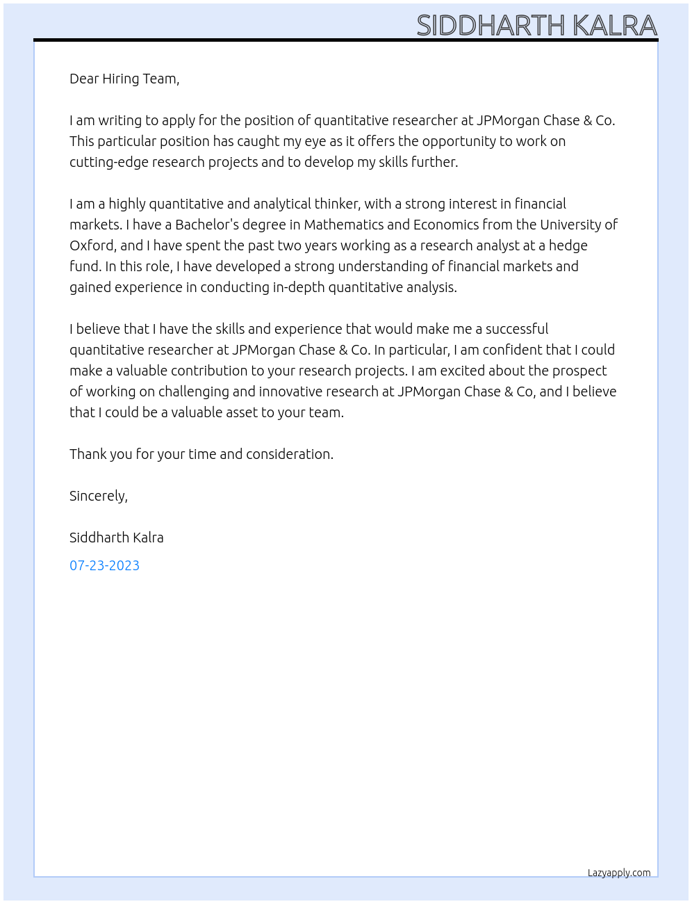 quantitative researcher At JPMorgan Chase & Co Cover Letter