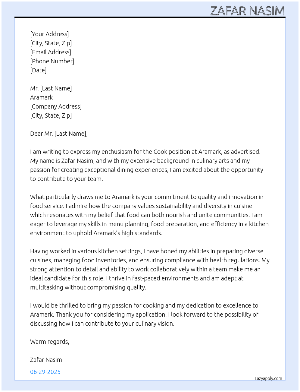 cook At Aramark Cover Letter