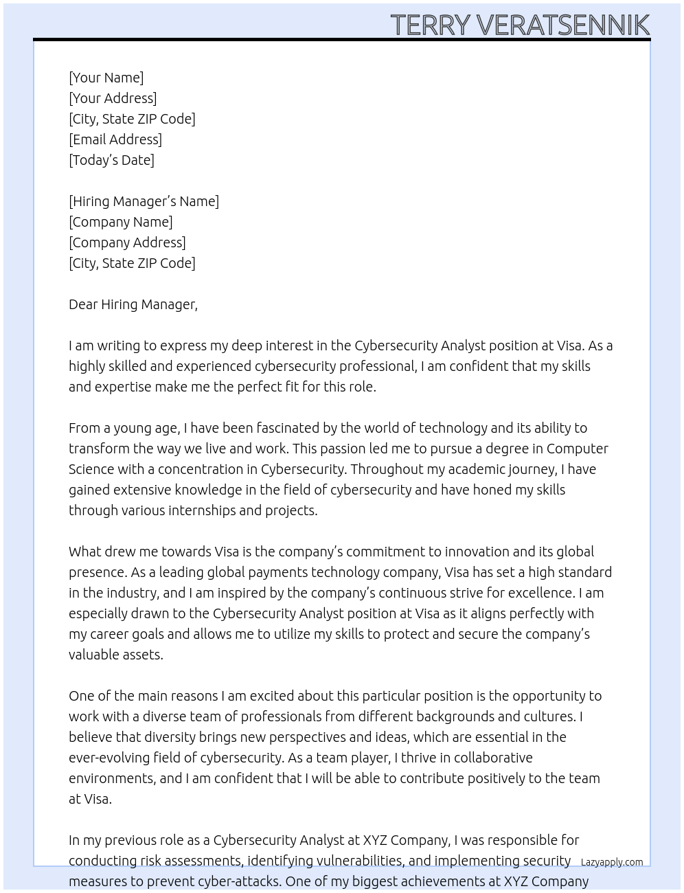 Cybersecurity Analyst At visa Cover Letter