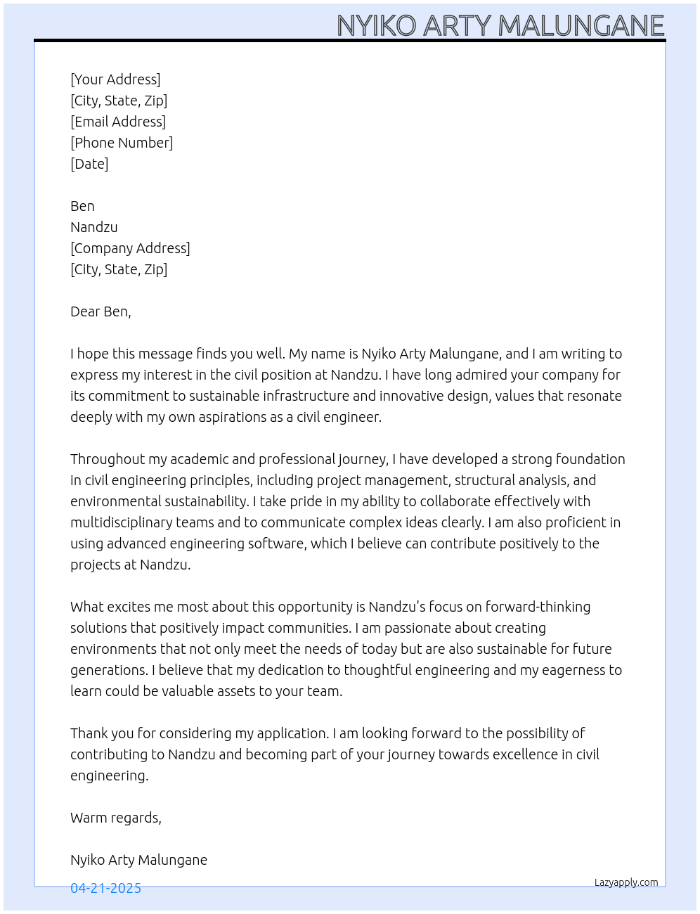 civil At nandzu Cover Letter