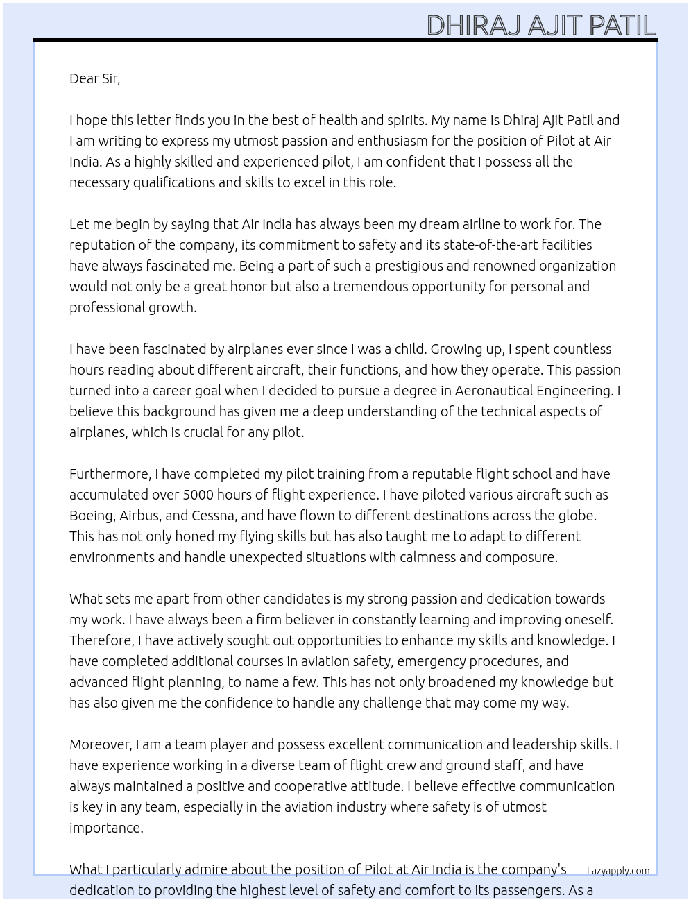 PILOT At AIR INDIA Cover Letter