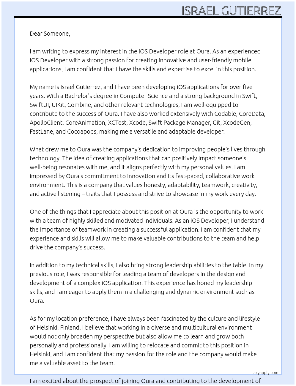 iOS Developer At Oura Cover Letter