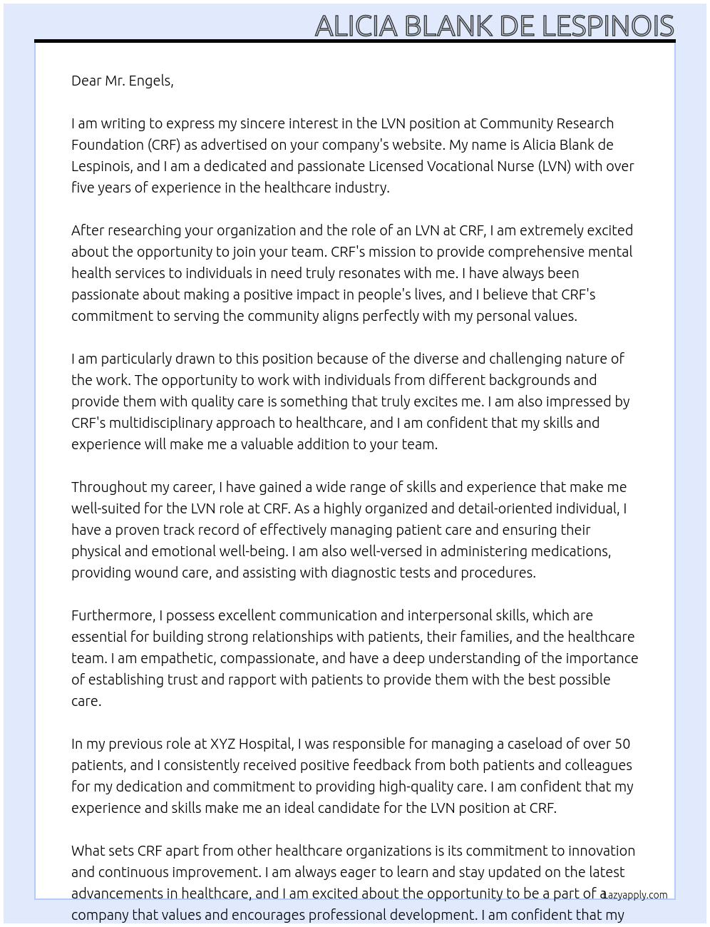 LVN At Community Research Foundation Cover Letter