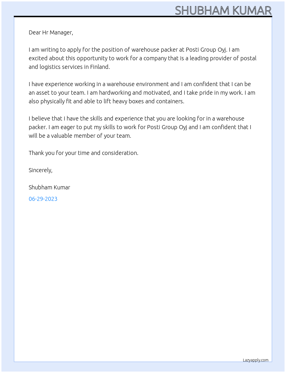 Warehouse packer At Posti Group Oyj Cover Letter