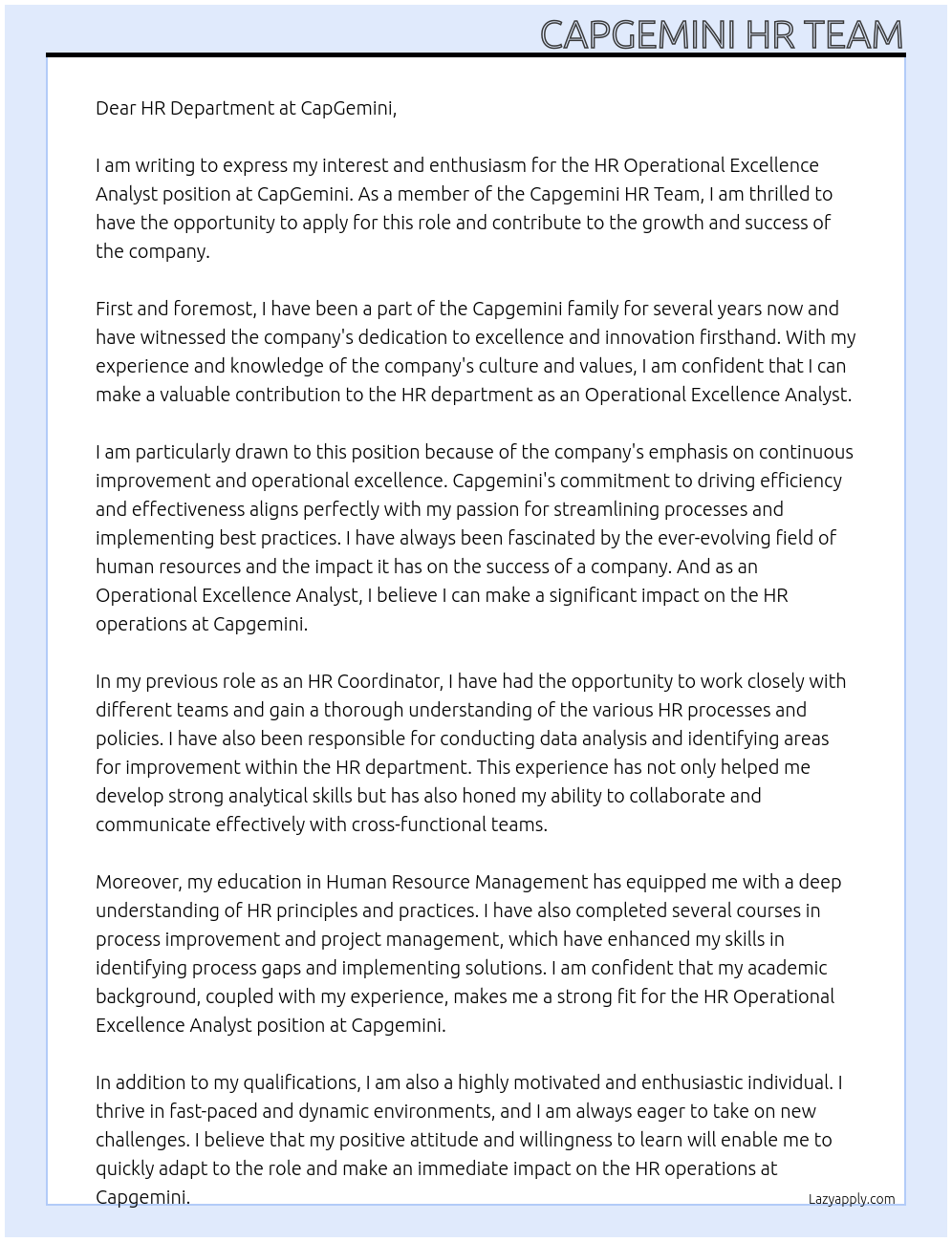 HR Operational Excellence Analyst At CapGemini Cover Letter