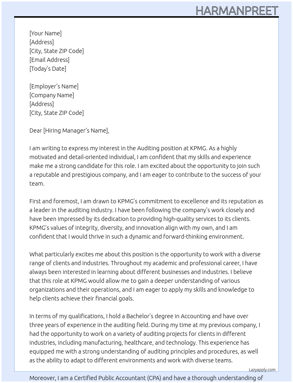Auditing At KPMG Cover Letter