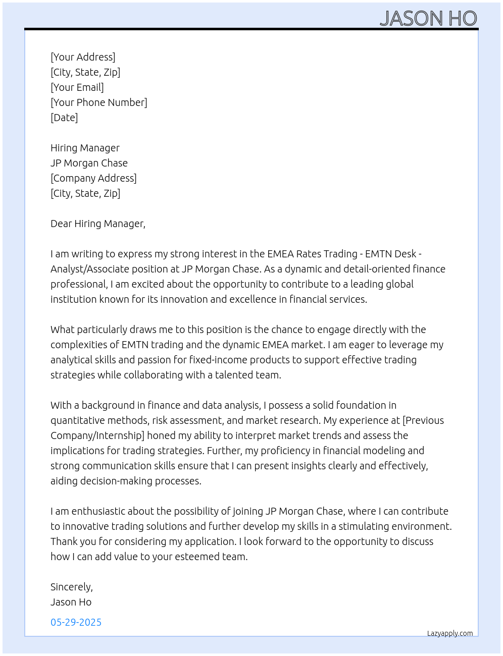 EMEA Rates Trading - EMTN Desk - Analyst/Associate At JP Morgan Chase Cover Letter