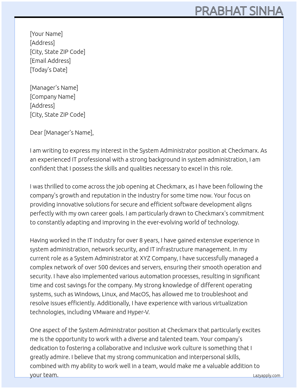 System Administrator At Checkmarx Cover Letter