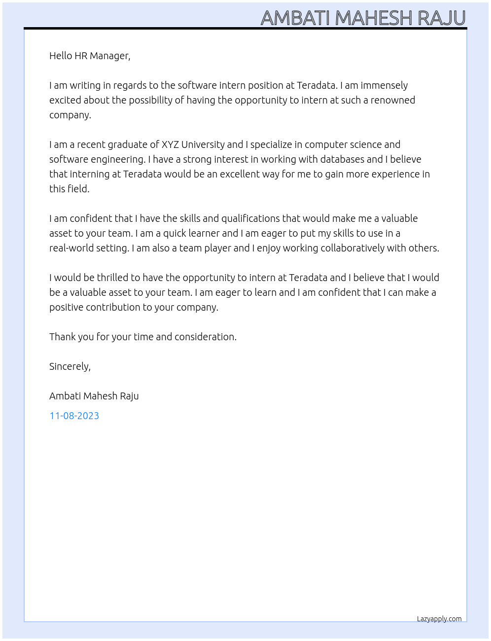 Software intern At Teradata Cover Letter