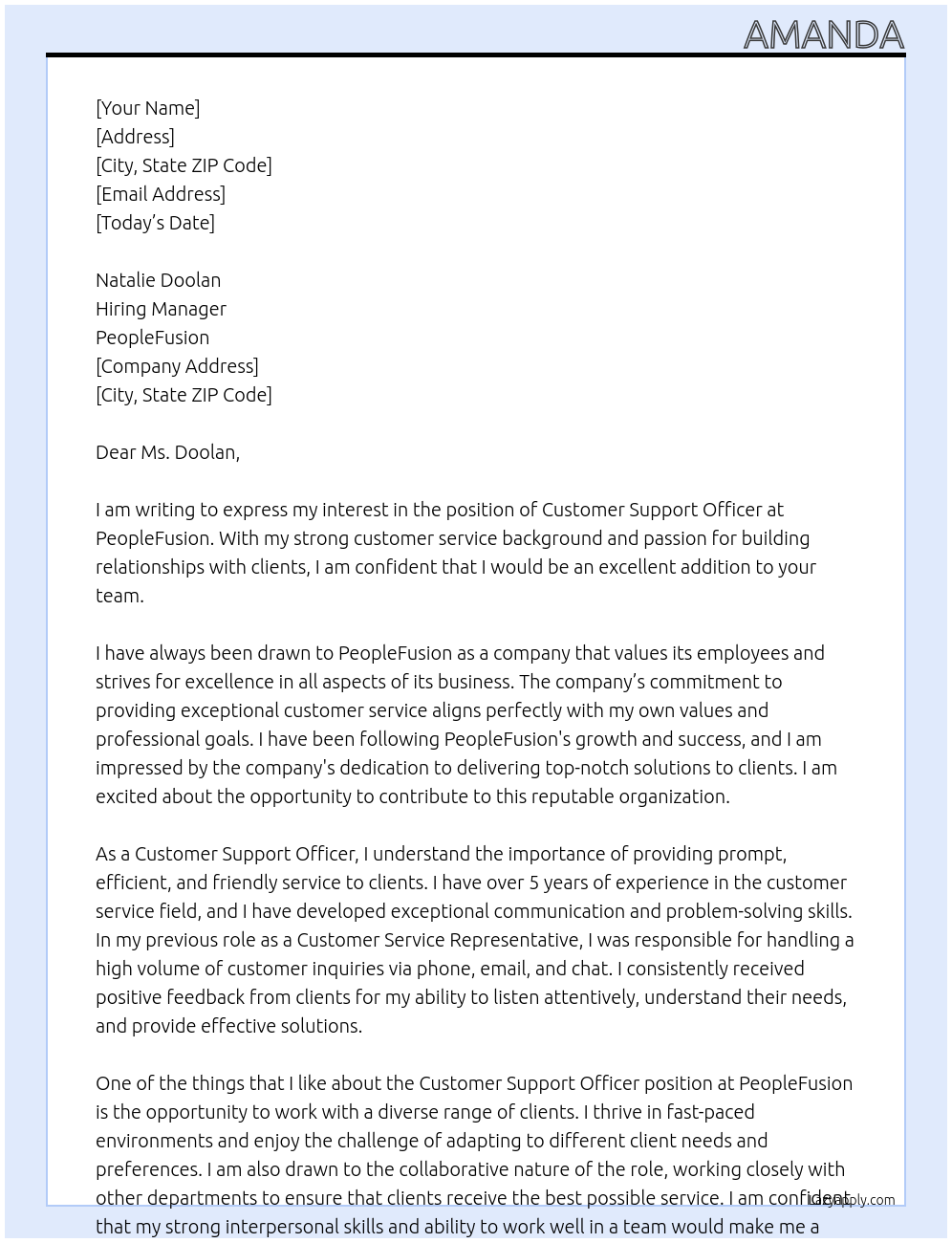 Customer Support Officer At PeopleFusion Cover Letter