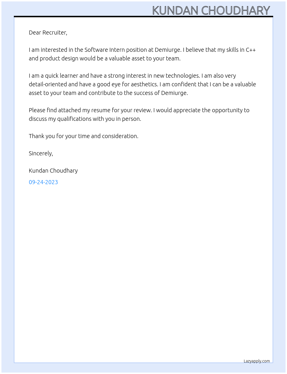 Software Intern At Demiurge Cover Letter