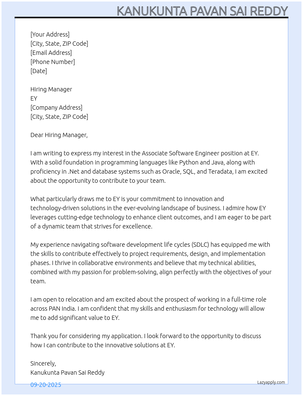 ASSOCIATE SOFTWARE ENGINEER At EY Cover Letter
