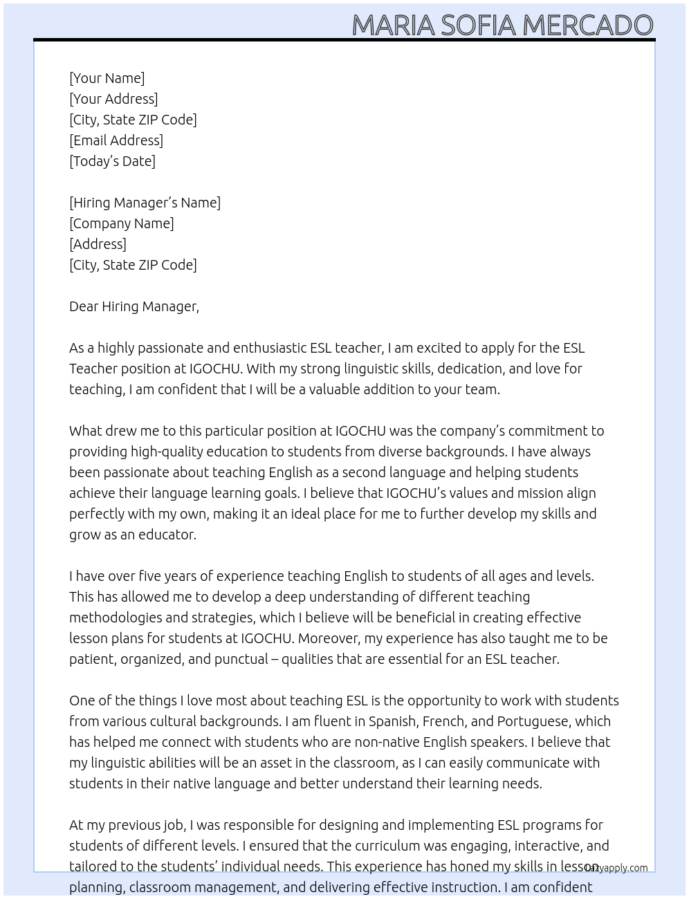 ESL Teacher At IGOCHU Cover Letter