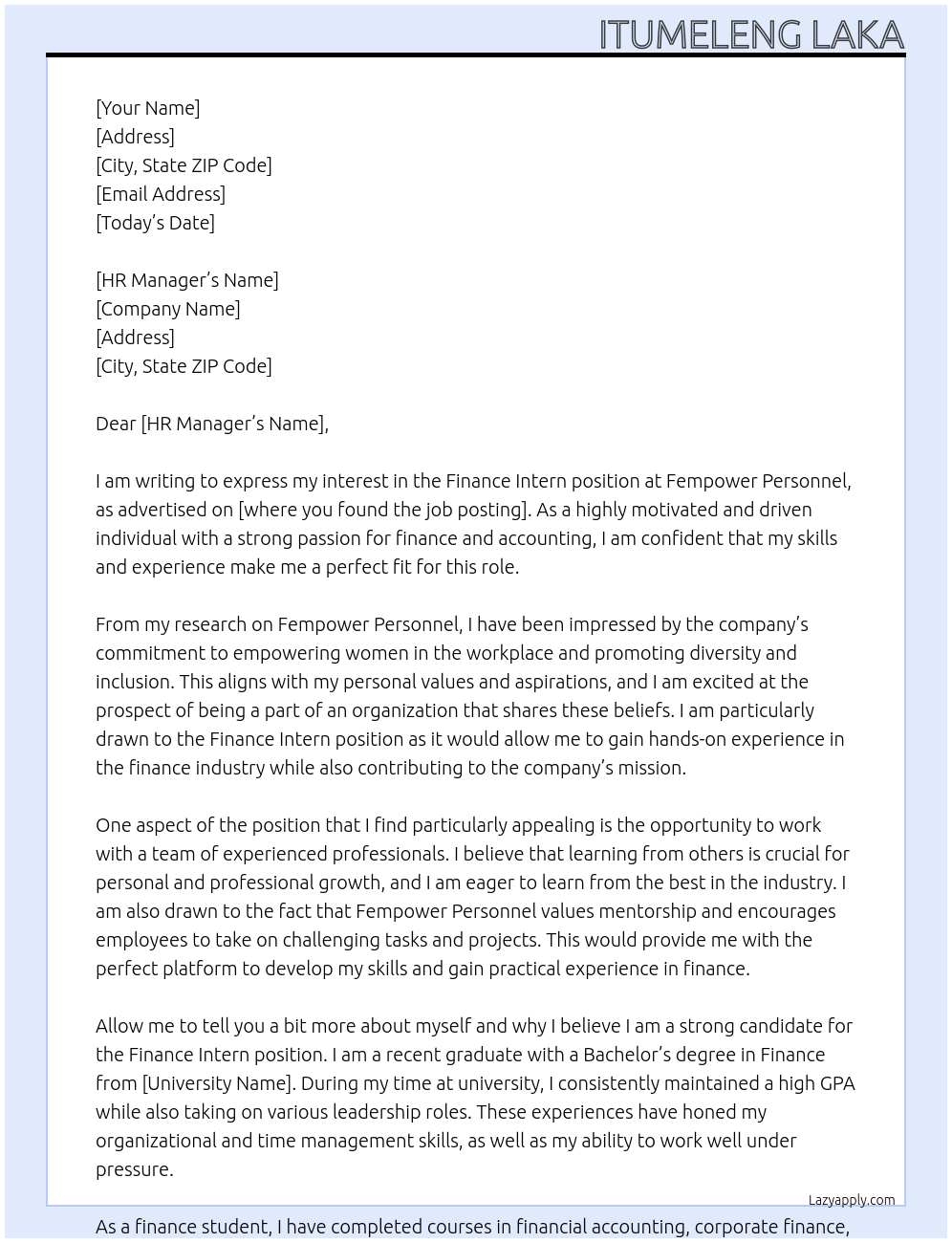 finance intern At Fempower Personnel Cover Letter