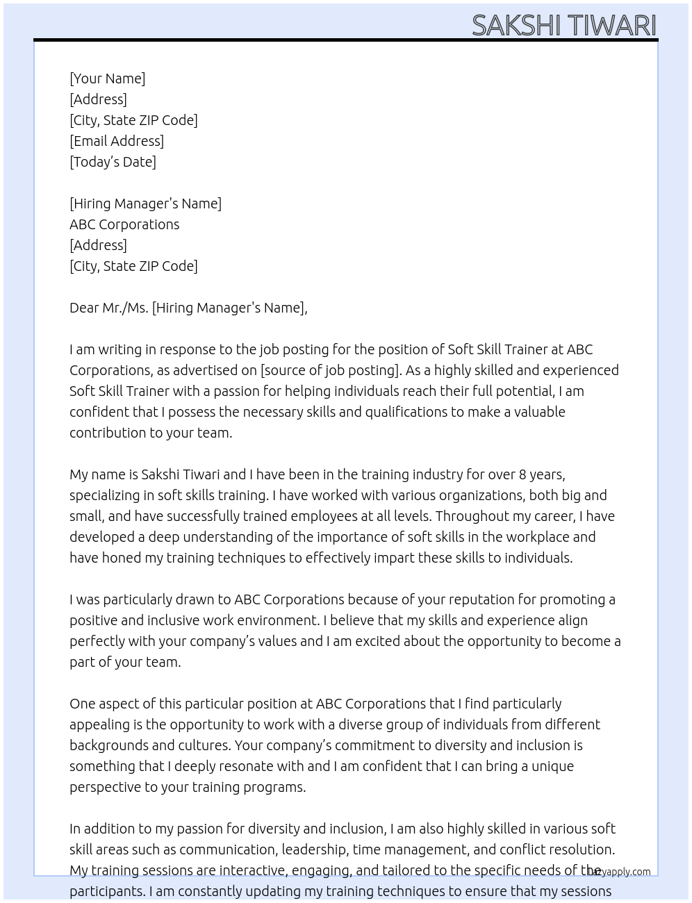 Soft Skill Trainer At ABC Corporations Cover Letter
