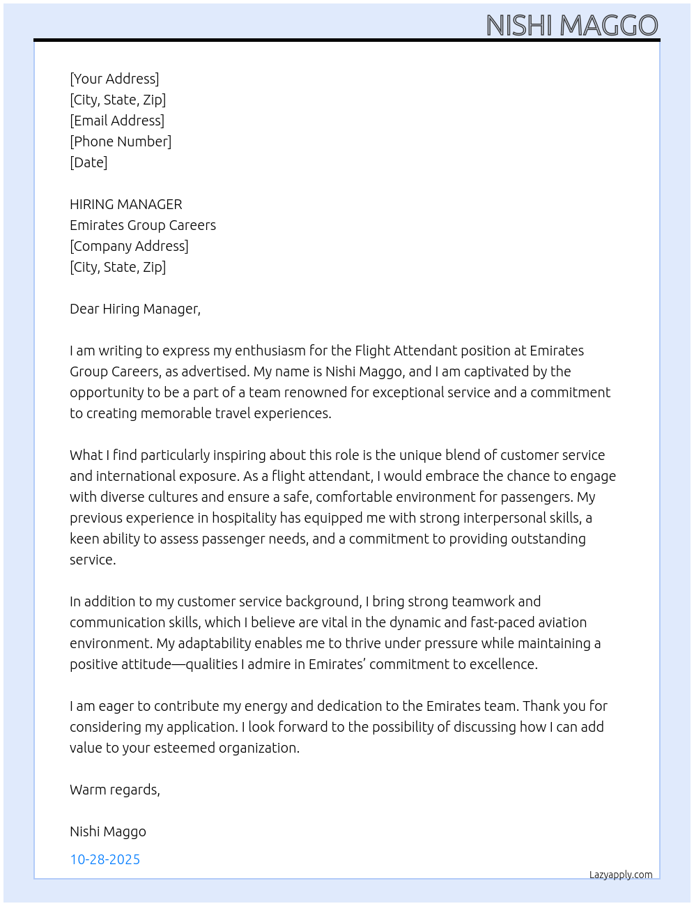 Cover letter for flight attendant - LazyApply