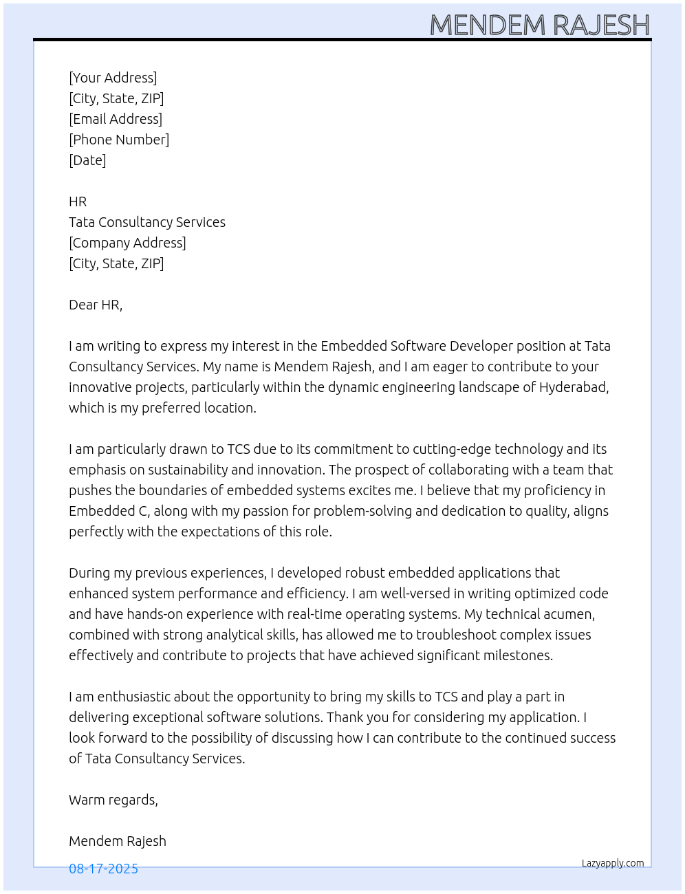 Embedded Software Developer At Tata consultancy services Cover Letter