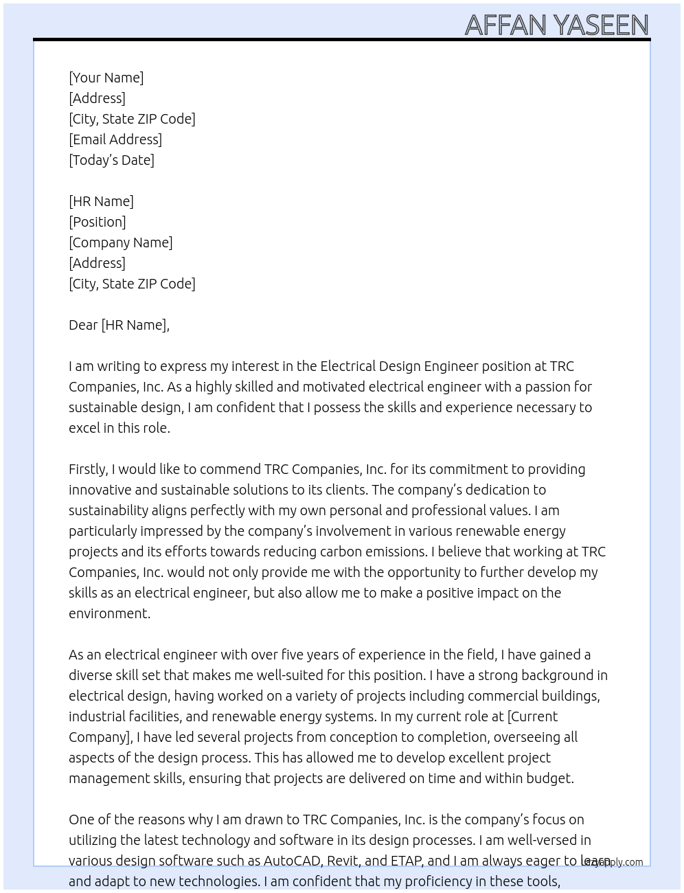 Electrical Design Engineer At TRC Companies, Inc. Cover Letter