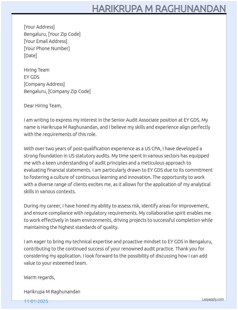 Senior Audit Associate At EY GDS Cover Letter