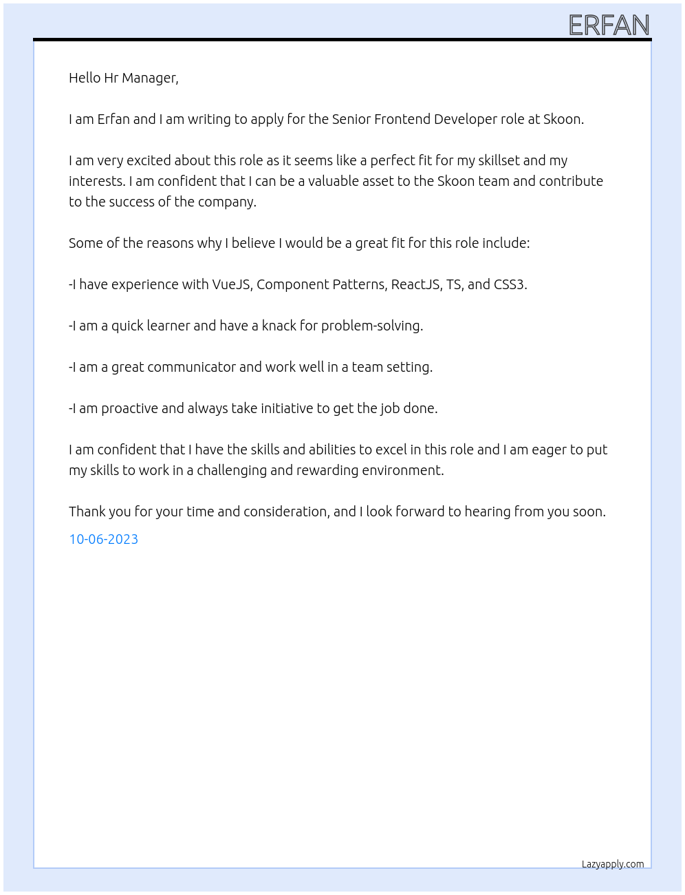 Senior Frontend Developer At Skoon Cover Letter