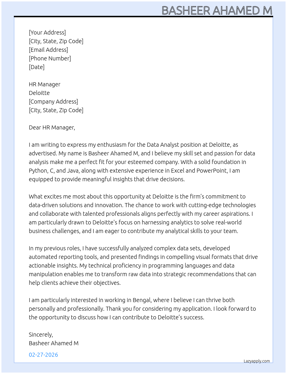 Data Analysts  At Deloitte Cover Letter