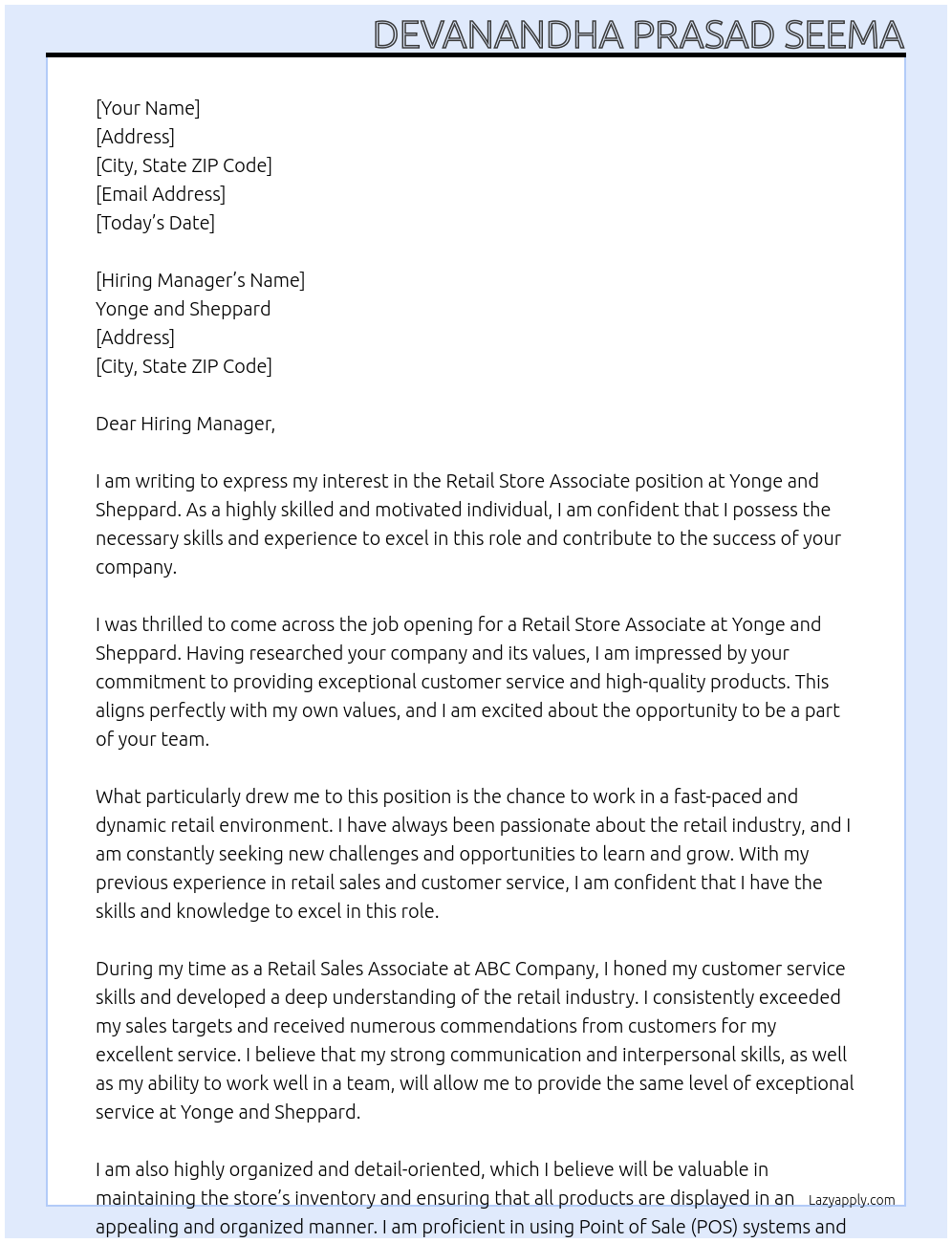 Retail Store Associate At Yonge and Sheppard Cover Letter