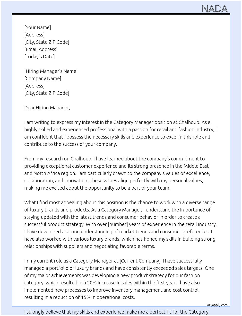 Category manager  At Chalhoub  Cover Letter