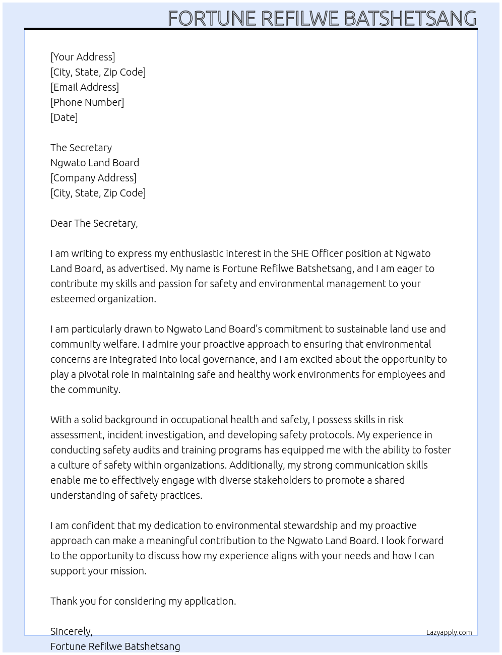 SHE Officer At Ngwato Land Board Cover Letter