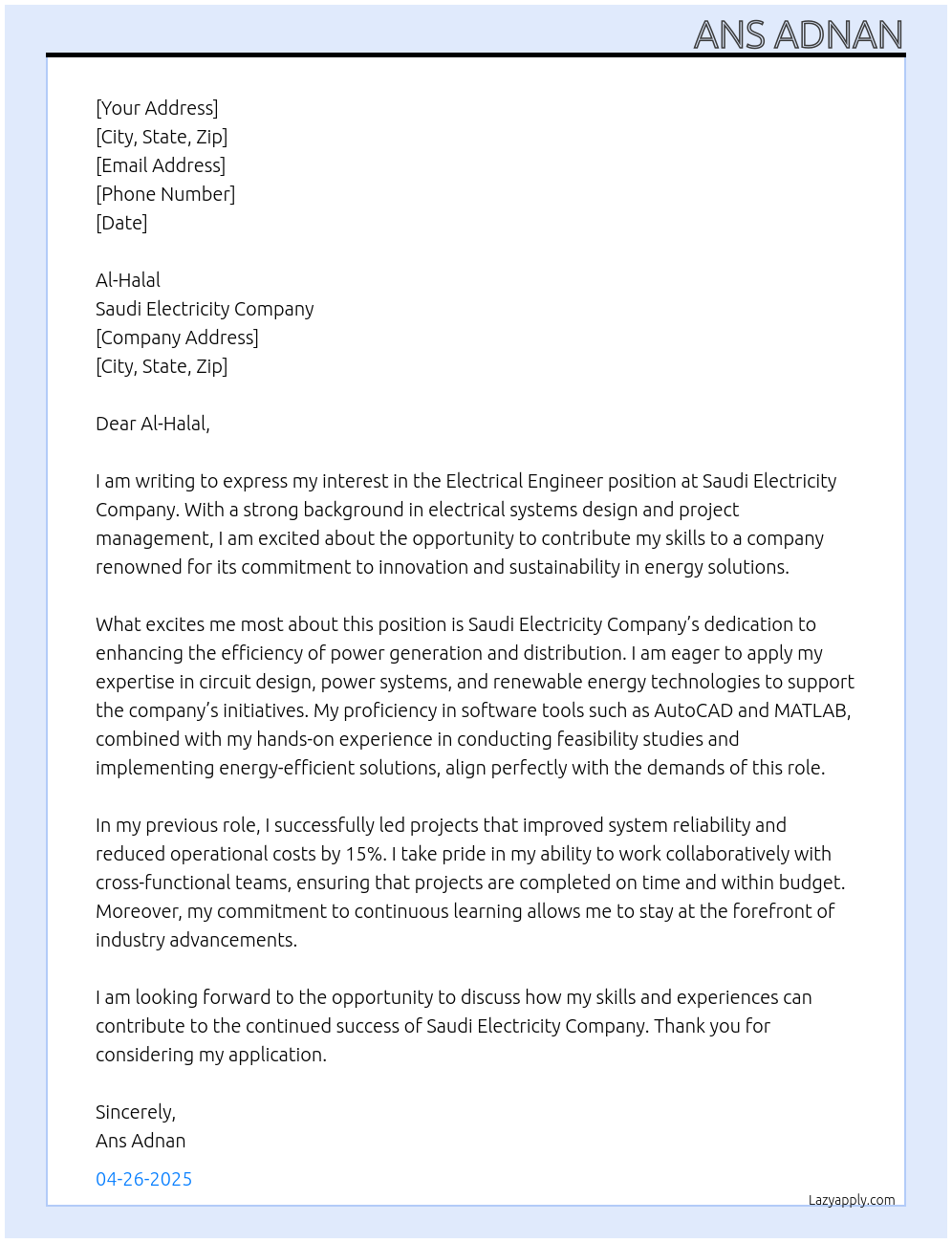 electrical engineer At Saudi Electricity Company Cover Letter