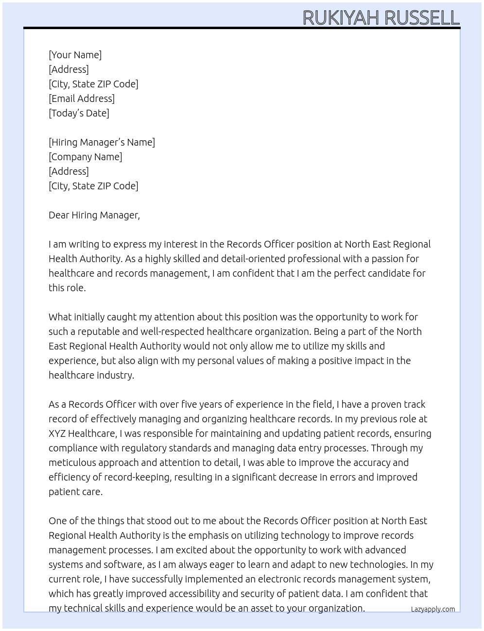 Records Officer At North East Regional Health Authority Cover Letter