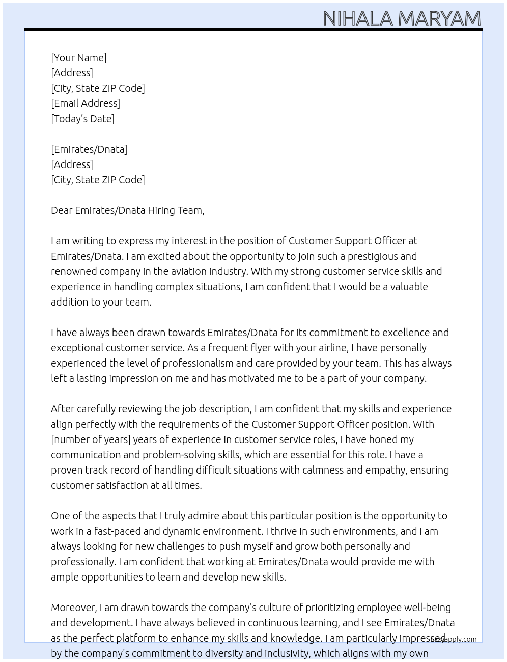Customer Support Officer At Emirates/Dnata Cover Letter