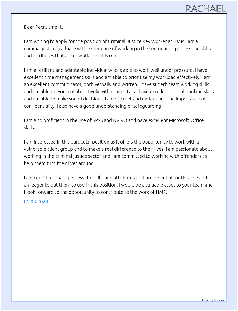 criminal justice key worker At HMP Cover Letter