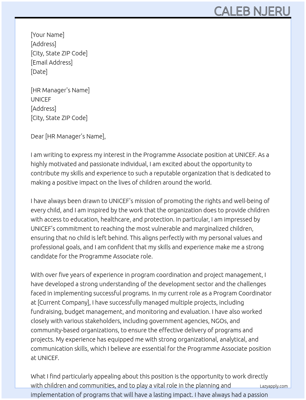 programme associate At unicef Cover Letter