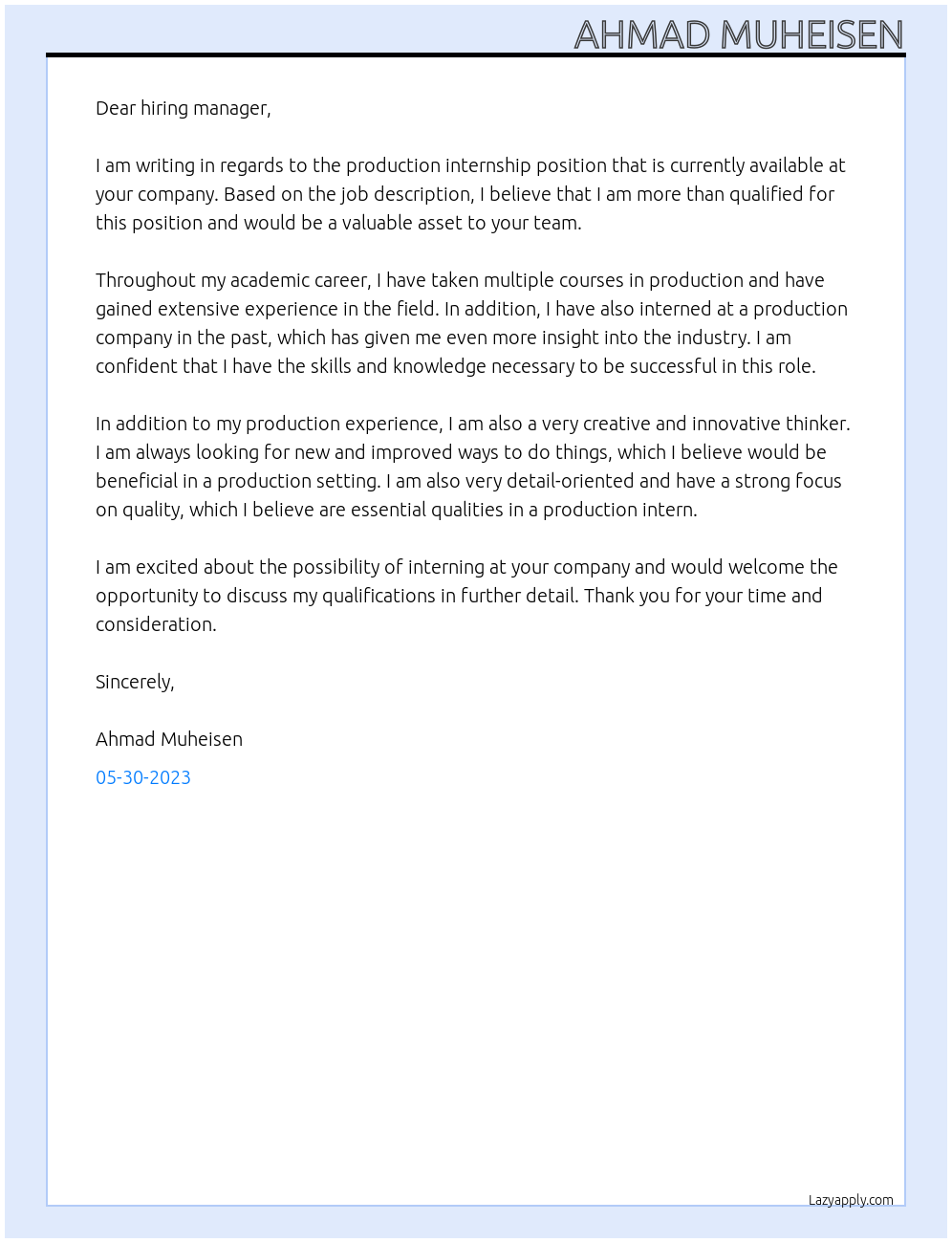 production internship At leave blank Cover Letter