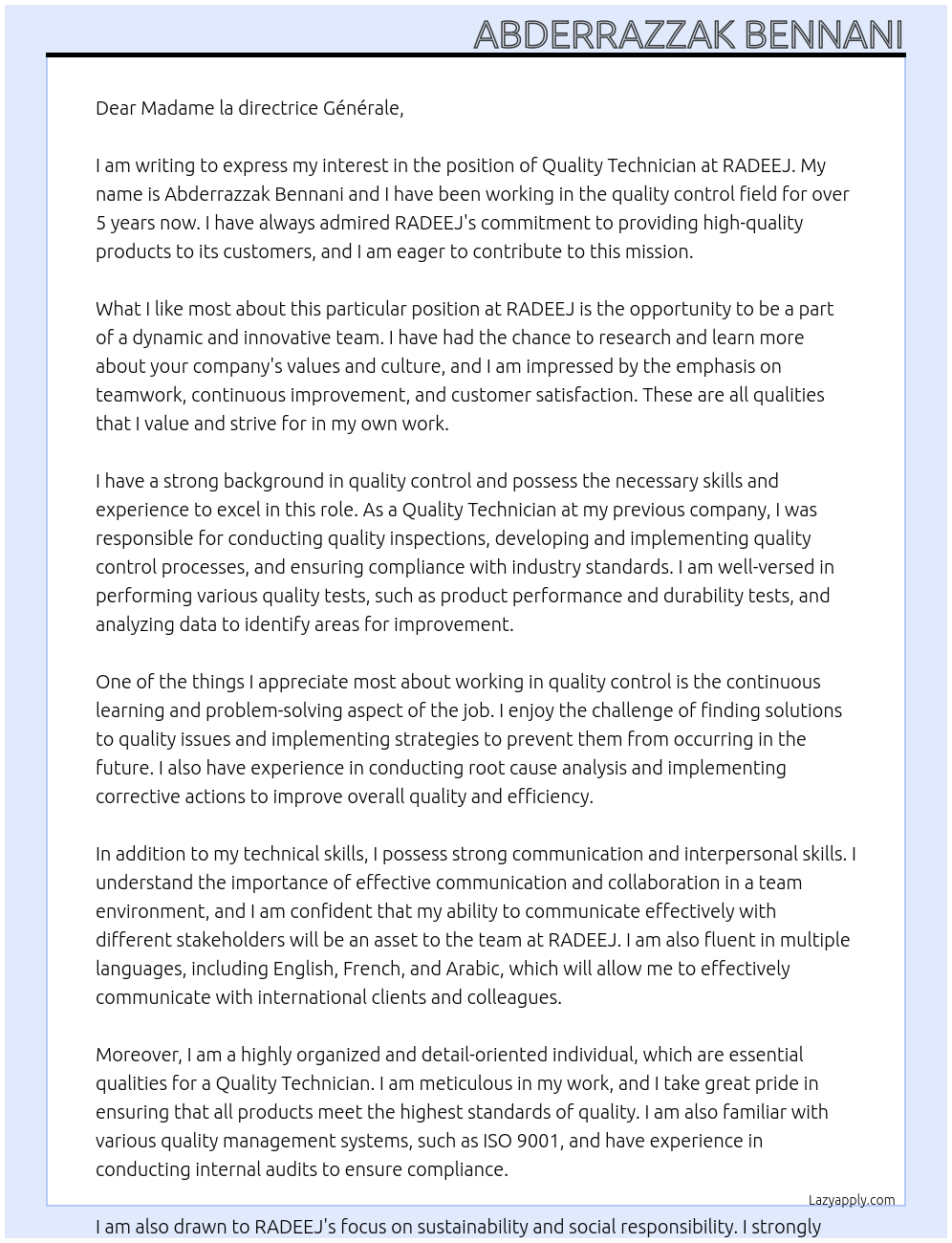 quality technician   At RADEEJ Cover Letter