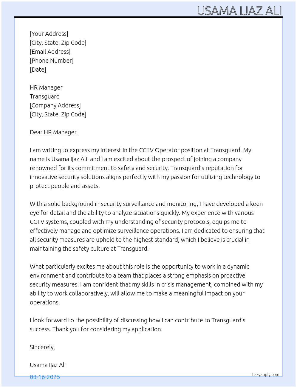 CCTV operator At Transguard Cover Letter