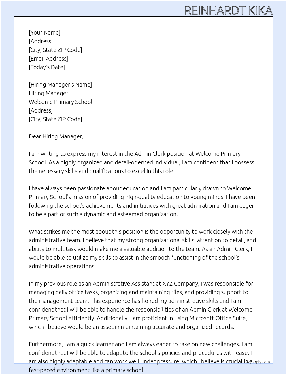 Admin Clerk At Welcome Primary School Cover Letter