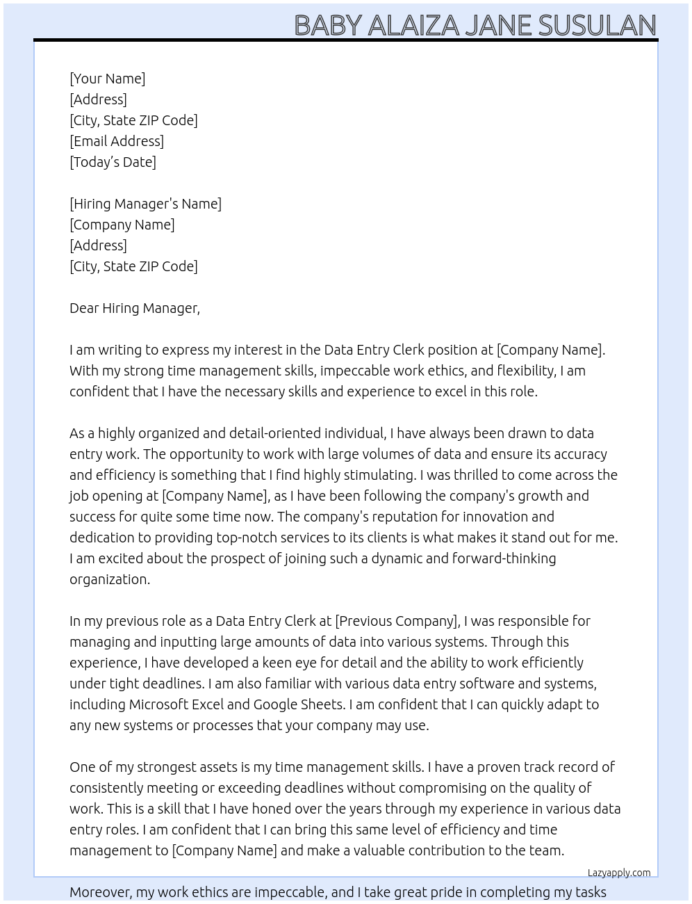 Data entry clerk At Any company Cover Letter