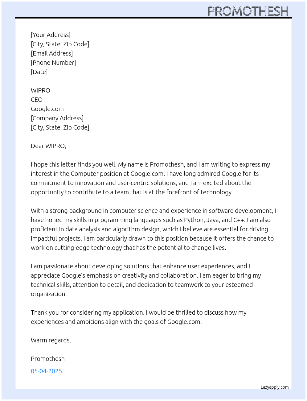 Computer  At Google.com Cover Letter