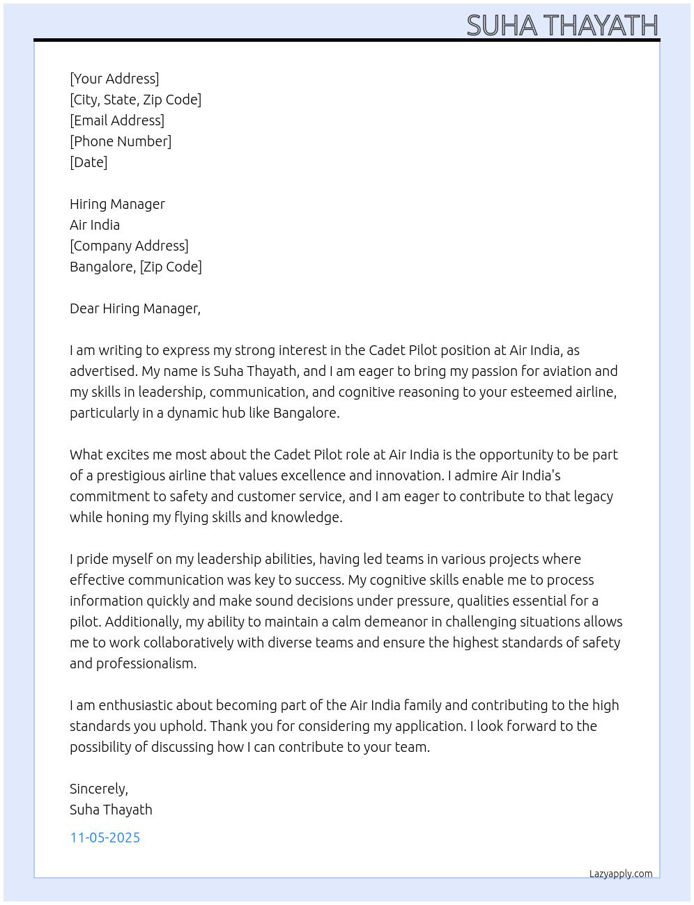 Cadet Pilot At Air India Cover Letter