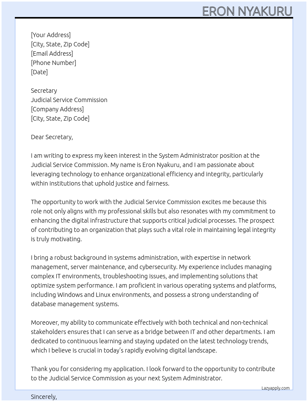 system administrator At Judicial service commision Cover Letter