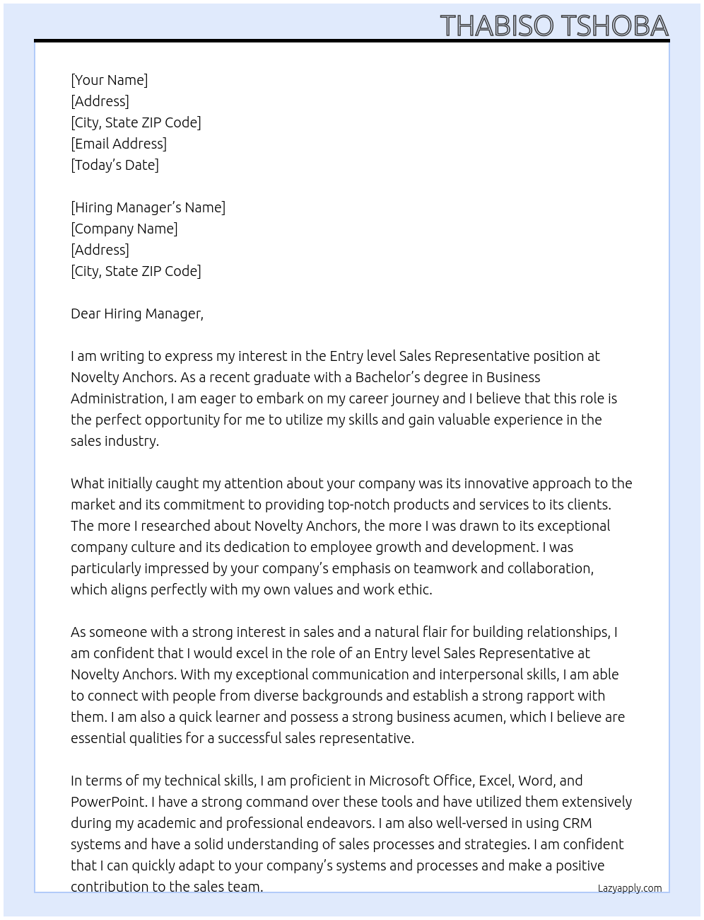 Entry level Sales Representative  At Novelty Anchors Cover Letter