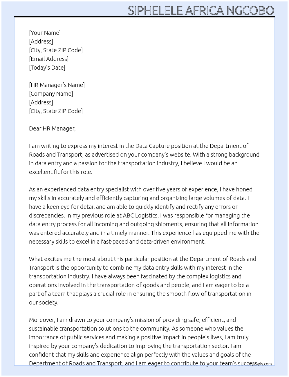 Data Capture At Department of Roads and Transport Cover Letter
