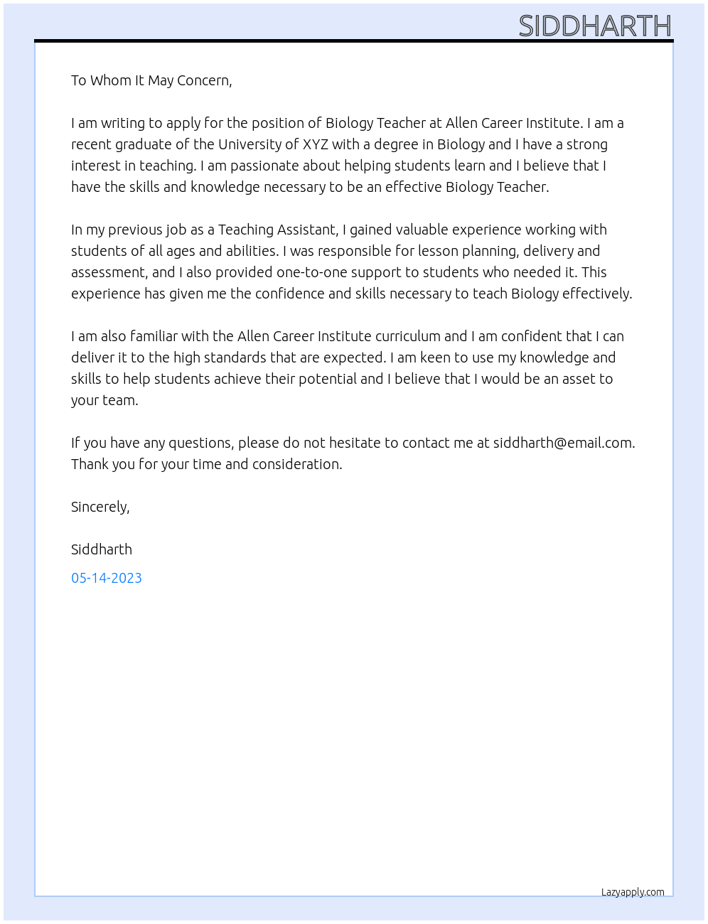 Biology Teacher  At Allen Career Institute Cover Letter